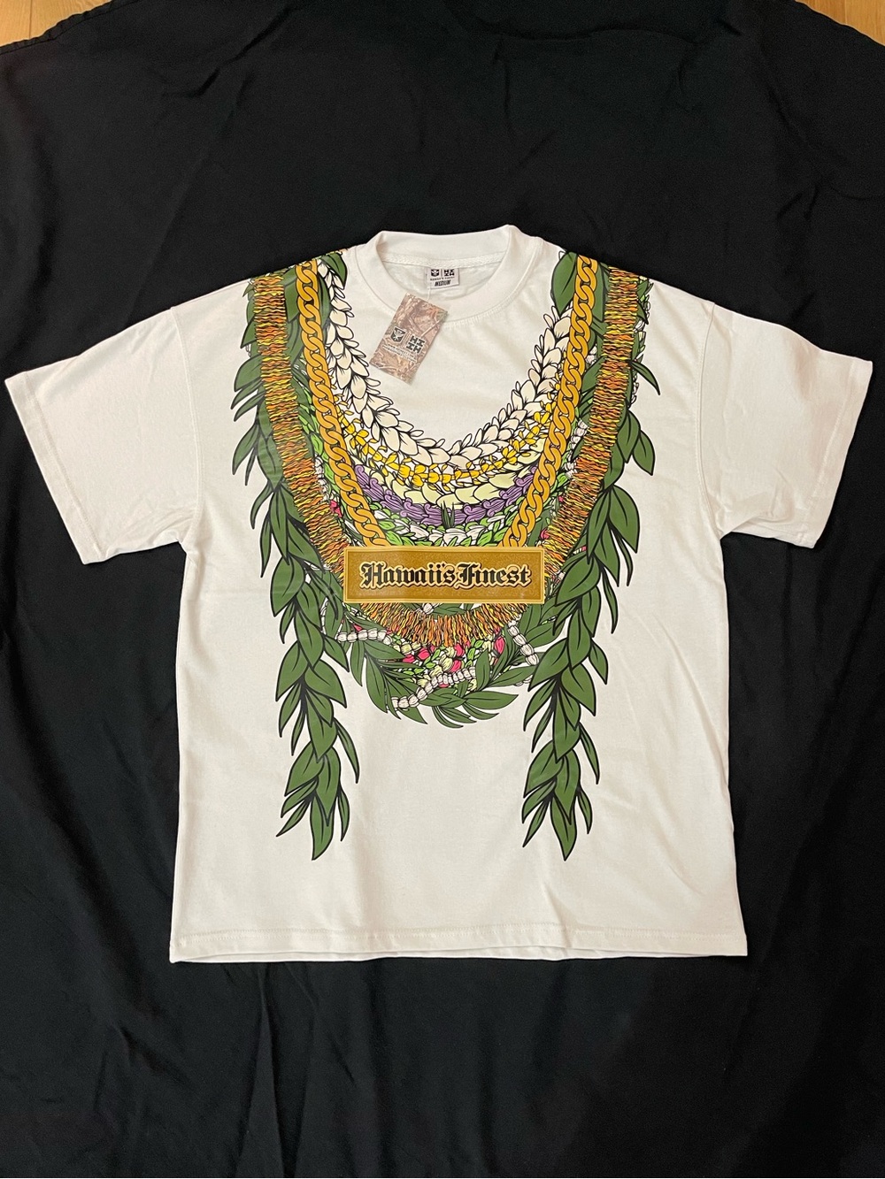 Hawaii's Finest White T-Shirt with Green, Yellow & Purple Lei Graphic